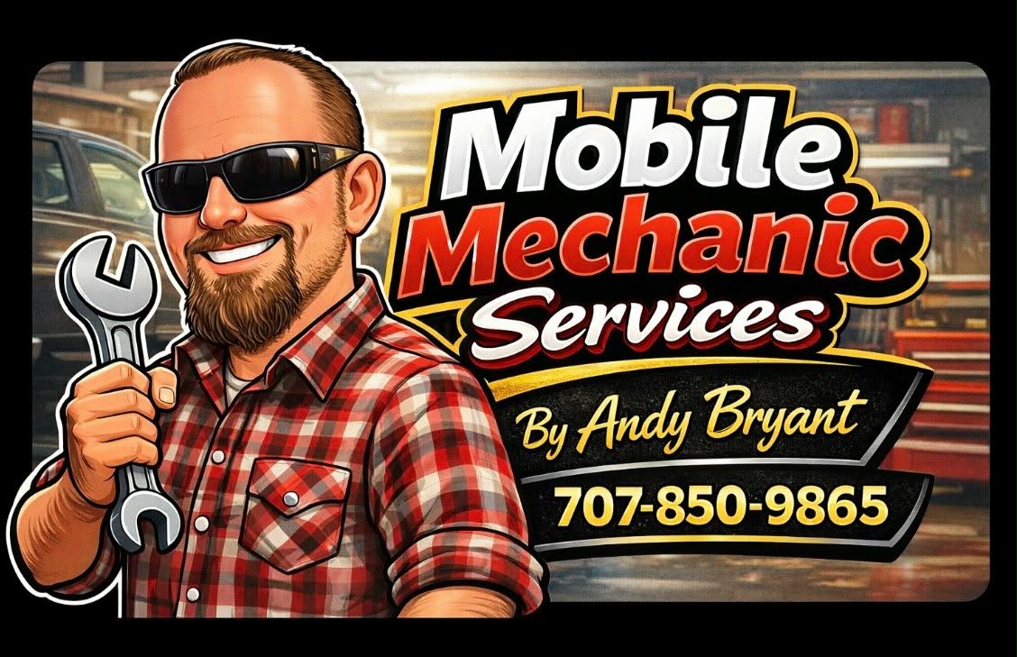 Andy Bryant Mobile Mechanic Services business card with phone number 707-850-9865